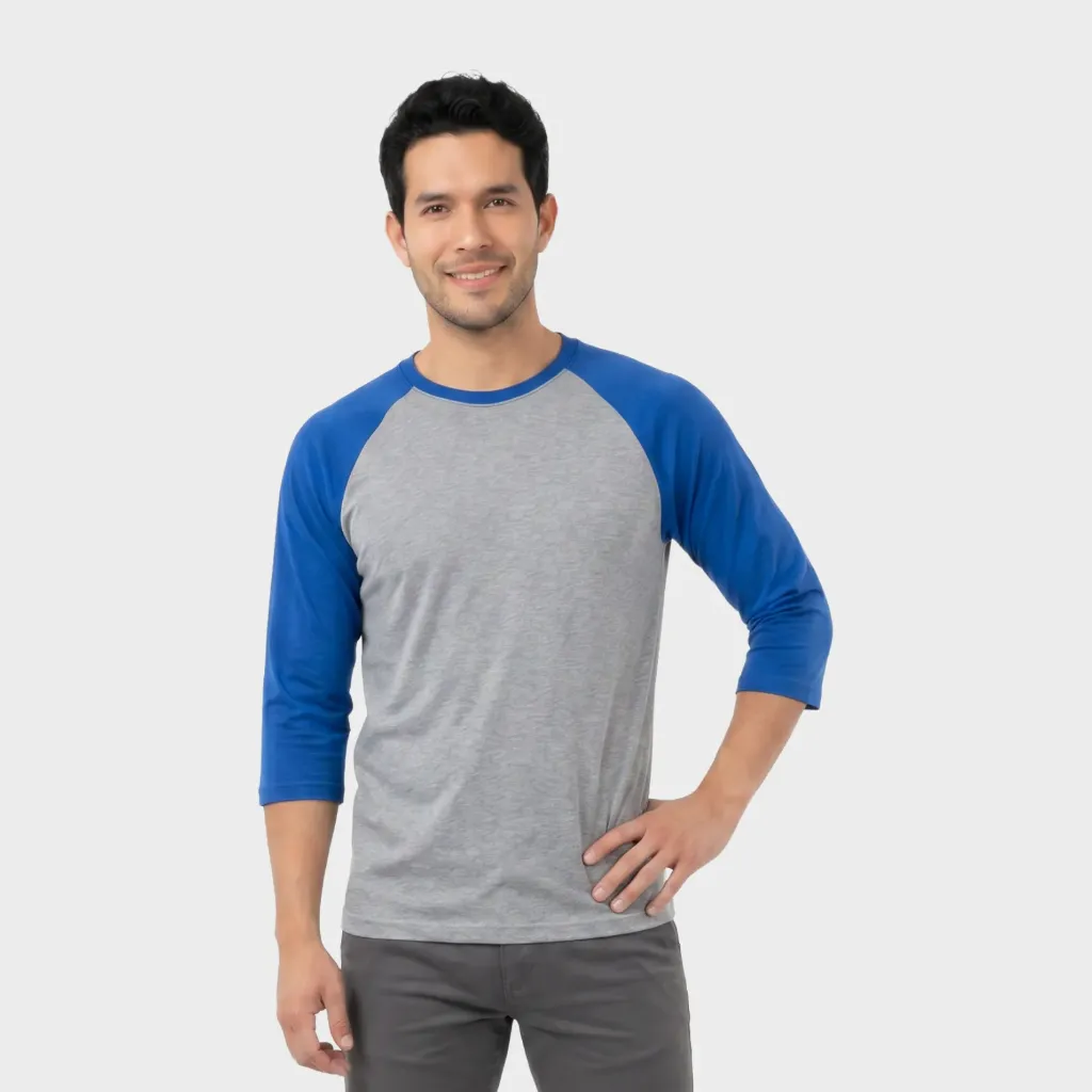Beisbolera manga 3/4 Gris jaspe - Azul rey