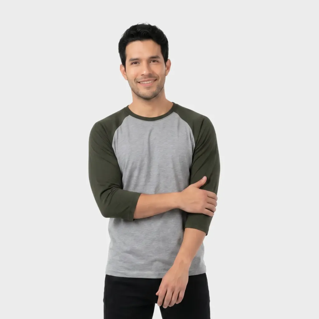 Beisbolera manga 3/4 Gris jaspe - Verde militar